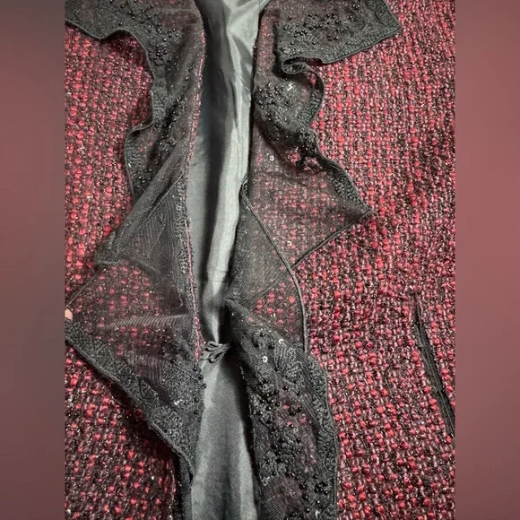 Chico's Women’s Red/Burgundy Tweed Blazer with Black Lace Detail Chico’s 2/Large - Picture 6 of 11